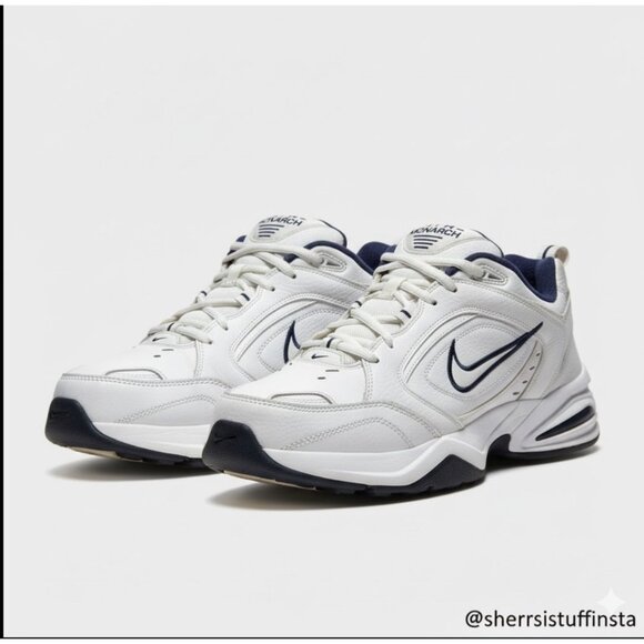 Nike Air Monarch IV Mens Training Shoes White/Navy Leather Foam Comfort Size 11 - Picture 1 of 10